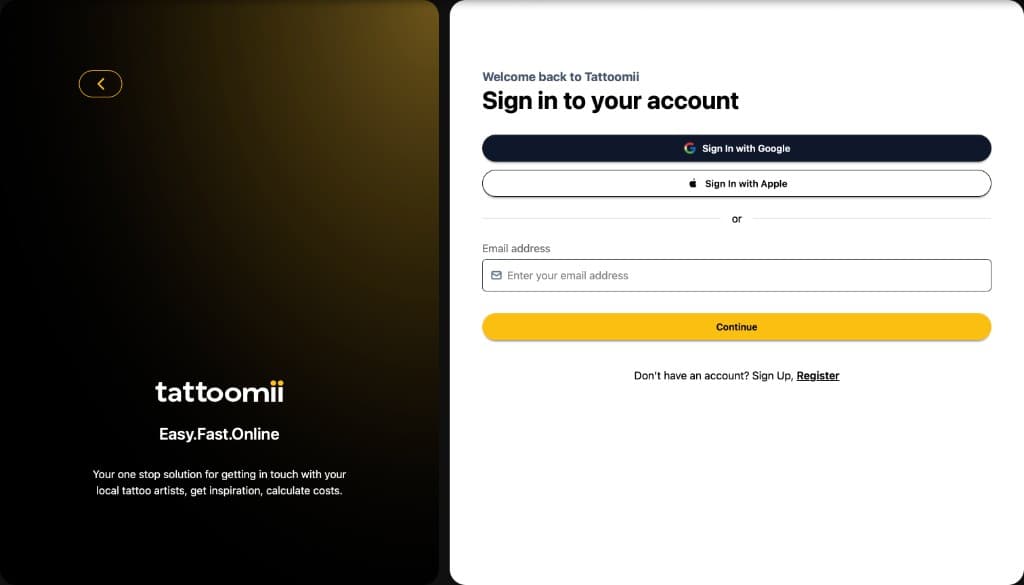 Tattoomii sign-in with Google and Apple