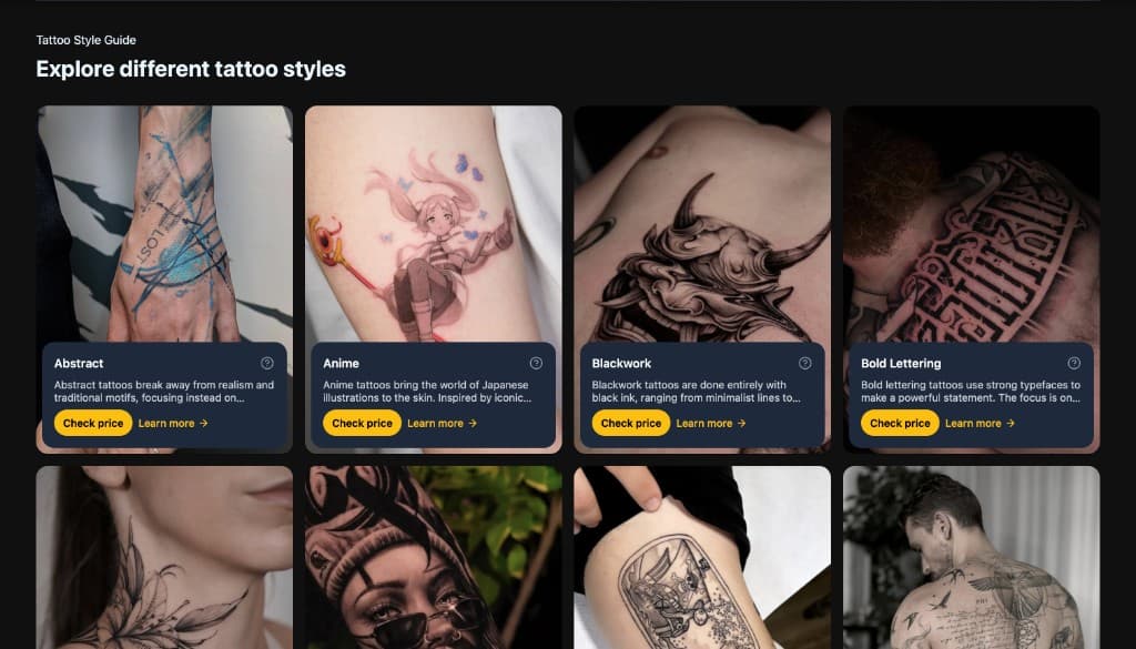 Tattoomii Style Guide with tattoo style cards
