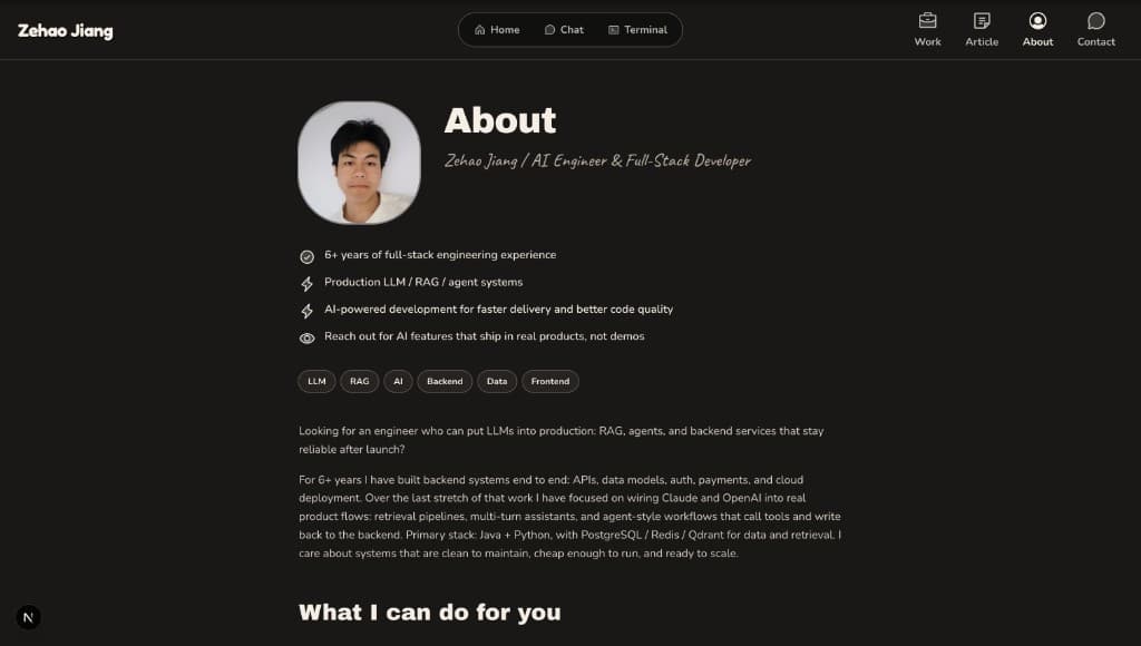 Portfolio about page with portrait, skills, and bio