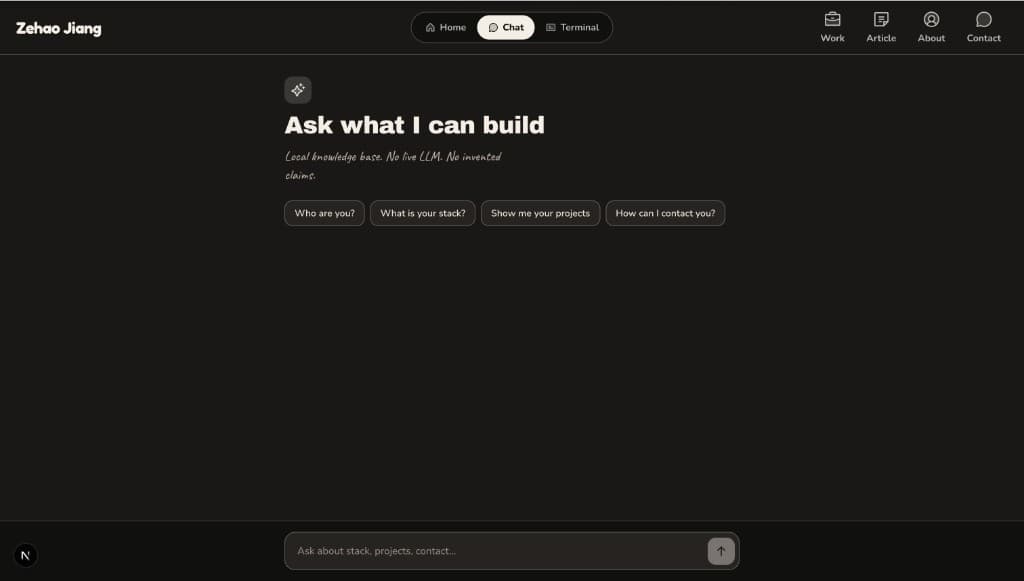 Portfolio chat asking what can be built, with suggested questions