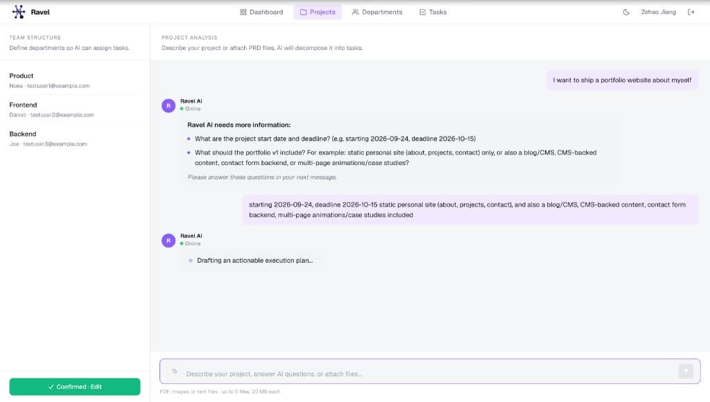 Ravel AI project analysis chat turning a brief into tasks